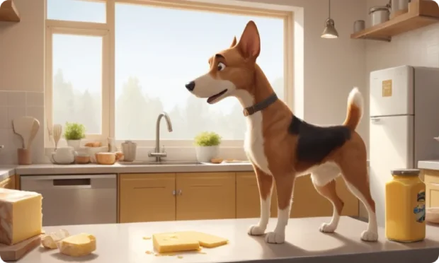 A light brown dog stands on its hind legs in a bright kitchen, looking at an open stick of butter on the counter, conveying curiosity about what to do if your dog ate butter.