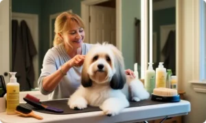 A loving dog owner groomed her fluffy long-haired dog in a bright bathroom. The scene captures the essence of regular dog grooming, emphasizing the importance of dog care and the bond between the pet and owner.
