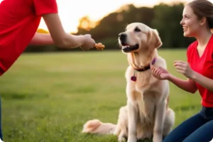 A golden retriever eagerly sits on a grassy field, looking up at its owner, a young woman in a red t-shirt holding a treat, representing dog training tips for beginners.