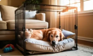 A comfortable living room scene showing an older dog resting inside a cozy crate, with soft blankets and toys, highlighting a safe environment related to how to crate train an older dog.