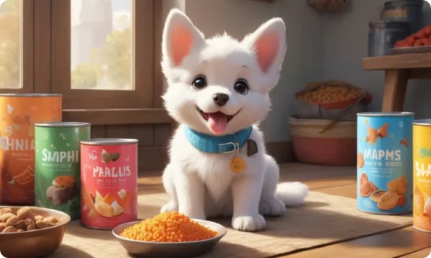 A cheerful puppy sitting on a colorful blanket surrounded by various cans and bowls of puppy wet food, such as chicken and lamb, under warm sunlight, symbolizing the importance of puppy wet food in a diet.