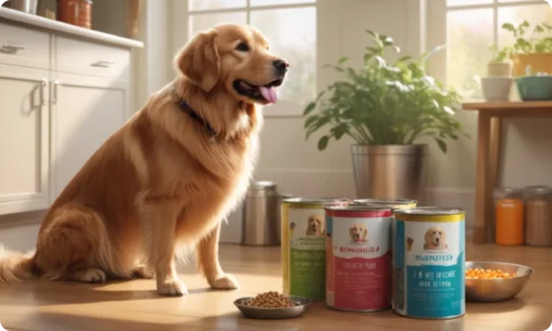 A gentle senior golden retriever happily sitting beside a bowl of wet dog food in a warm, sunny kitchen. The scene includes various dog food cans on the countertop and colorful toys on the floor, representing the article’s focus on the best wet dog food for senior dogs.” Slug for Image: “senior-dog-wet-food-kitchen-scene