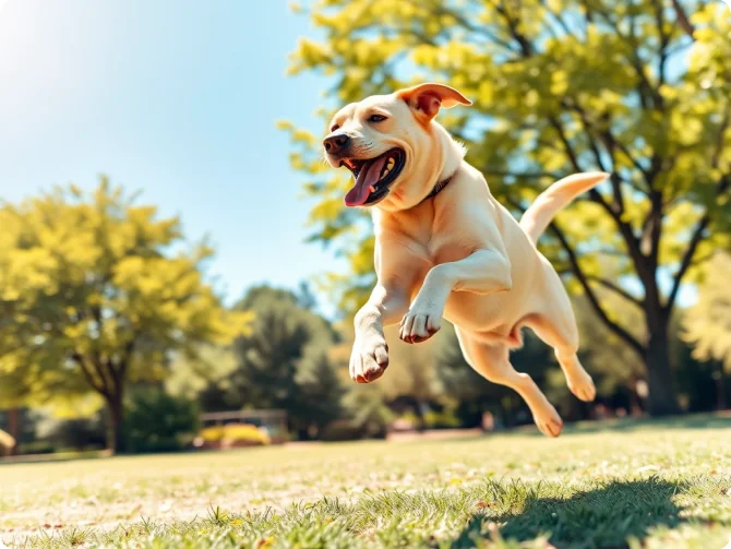A lively Labrador Retriever jumping in a sunny park, symbolizing the importance of protein in a dog's diet for a healthy and energetic lifestyle.