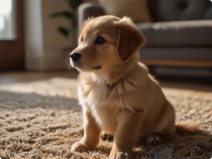 A cheerful puppy is sitting attentively in a bright, cozy room, ready to learn tricks from its owner, illustrating the training process highlighted in the article on teaching puppies tricks easily.