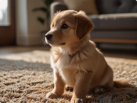 A cheerful puppy is sitting attentively in a bright, cozy room, ready to learn tricks from its owner, illustrating the training process highlighted in the article on teaching puppies tricks easily.