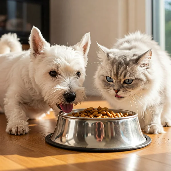 A white dog and a gray cat eat together from a metal bowl on a wooden table.