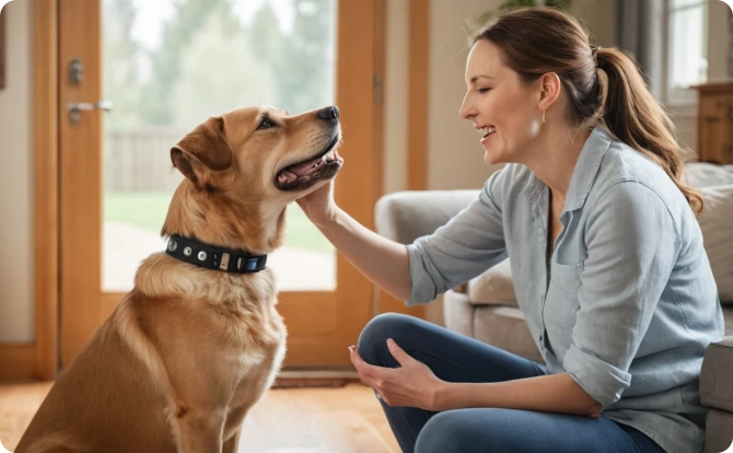 A golden retriever wearing a barking collar sits calmly in a cozy living room while the owner gently interacts with them in a relaxed setting.