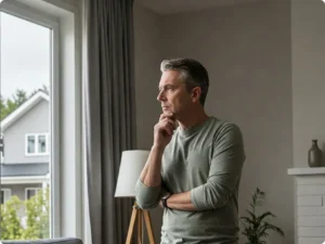 Person with worried expression looking out the window due to neighbor's dog's constant barking.