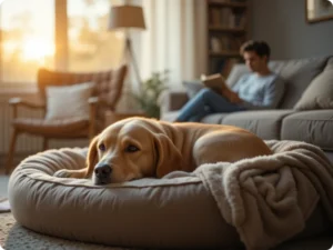 Tranquil scene of a dog relaxing in a peaceful home environment.