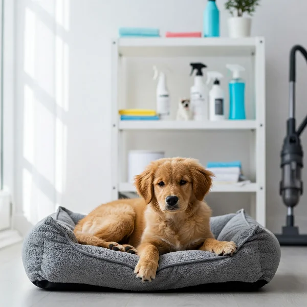 A golden retriever puppy lies on a gray pet bed in a clean room with a shelf of cleaning supplies in the background.