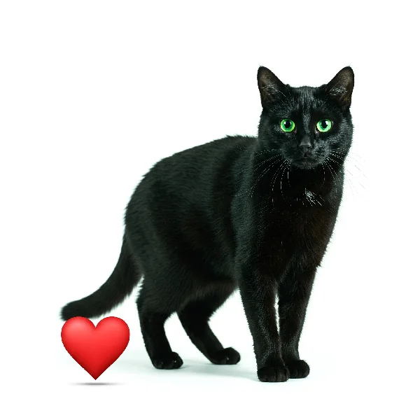 A black cat stands on a white background with a red heart next to it.
