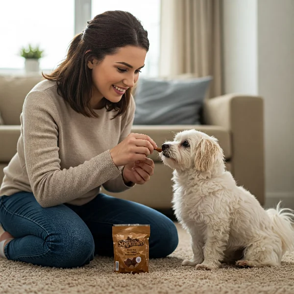 A young woman kneeling on a carpet gives a treat to her small white dog, who sits patiently. The scene is filled with natural light, emphasizing the affectionate bond between the two.