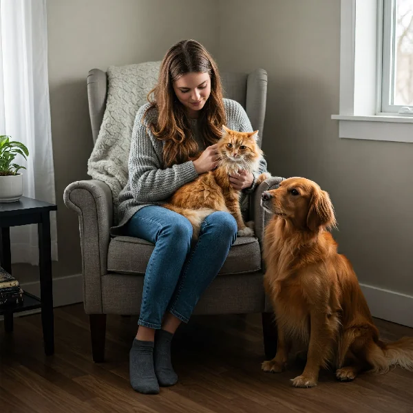 A young woman sitting in an armchair petting a cat on her lap, while a dog sits beside her. The scene is filled with natural light, emphasizing the affectionate bond between the woman and her pets.