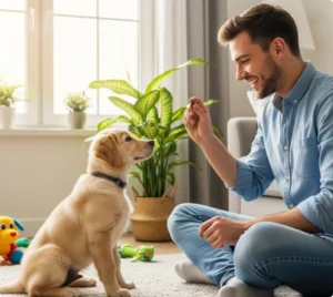 A happy puppy sitting obediently in front of its smiling owner, who is holding a treat and giving a training cue in a cozy, sunlit living room.