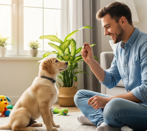 A happy puppy sitting obediently in front of its smiling owner, who is holding a treat and giving a training cue in a cozy, sunlit living room.