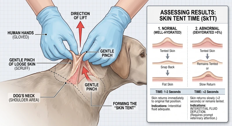 An educational illustration showing how to perform the skin tent test by lifting the skin on the back of a dog's neck to check for dehydration.