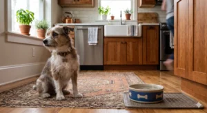 A dog sitting in a home kitchen and ignoring a completely full water bowl.