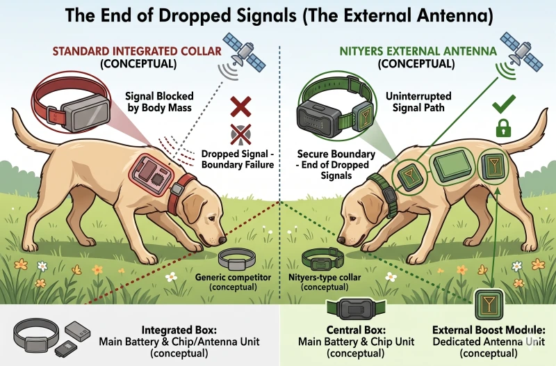 Infographic comparing a standard collar with signal blockage to a Nityers external antenna collar for a reliable wireless dog fence.
