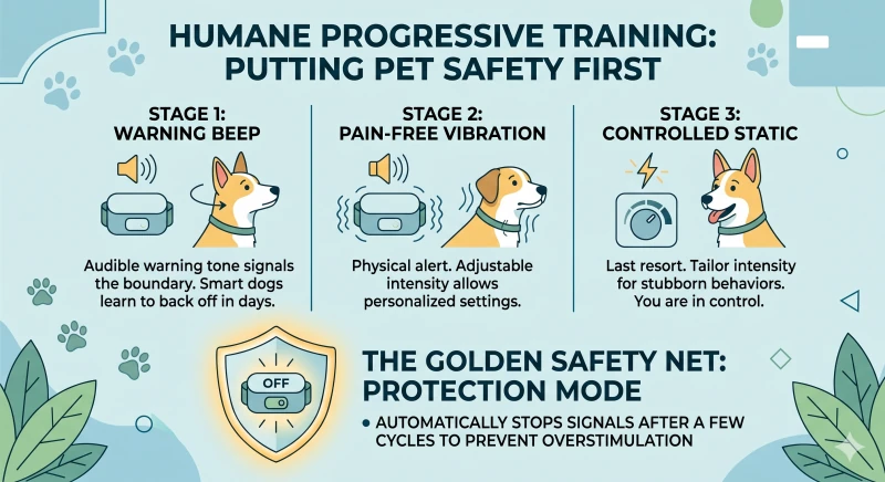 Infographic outlining the humane progressive training stages of a wireless dog fence collar, including beep, vibration, static, and an automatic safety shut-off mode.