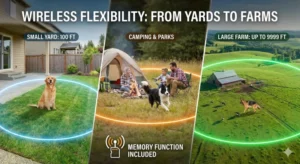 An illustration demonstrating the versatile range of a wireless dog fence, covering a 100-foot small yard, portable camping use, and large farms up to 9999 feet, along with a built-in memory function.