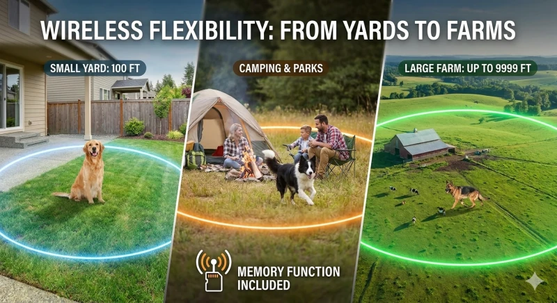 An illustration demonstrating the versatile range of a wireless dog fence, covering a 100-foot small yard, portable camping use, and large farms up to 9999 feet, along with a built-in memory function.